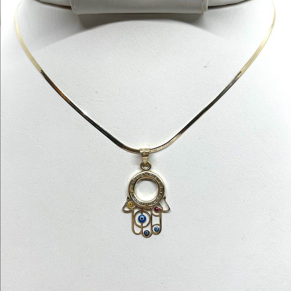 10K Gold Hamsa Herringbone Necklace - Picture 5 of 10